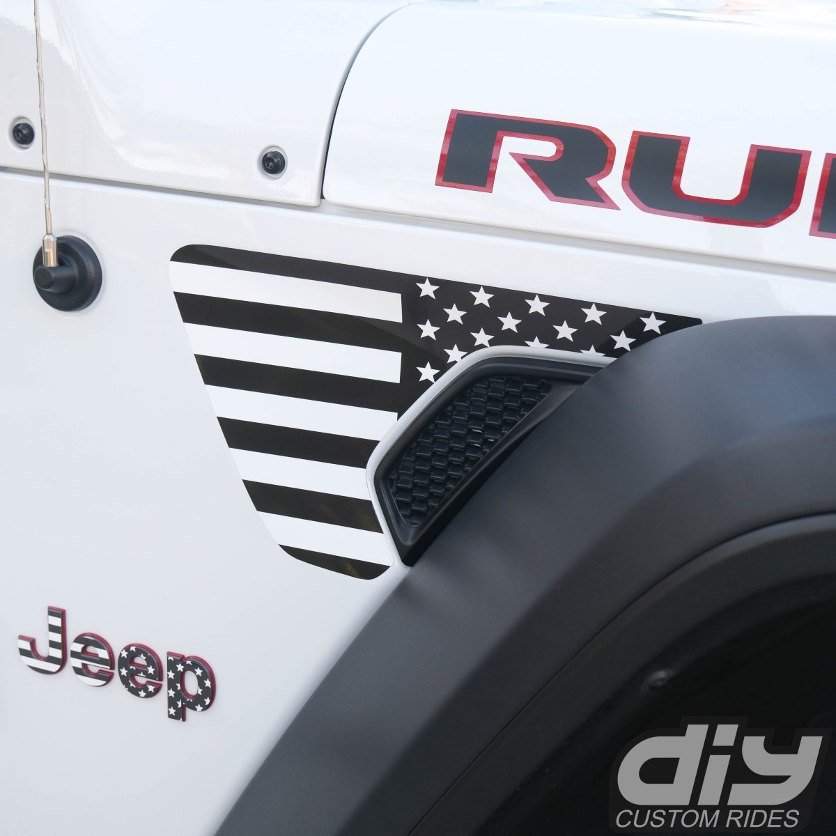 Jeep Fender Vent Decals Pair "Black and White American Flag" Fits 2018 - 2026 Wrangler JL & Gladiator - Tiny Wrapz