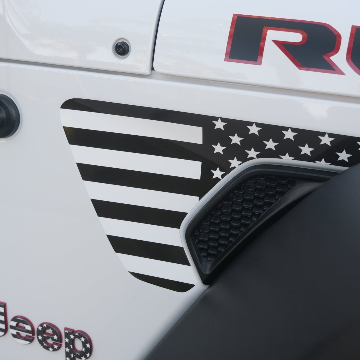 Jeep Fender Vent Decals Pair "Black and White American Flag" Fits 2018-2026 Wrangler JL & Gladiator - Tiny Wrapz