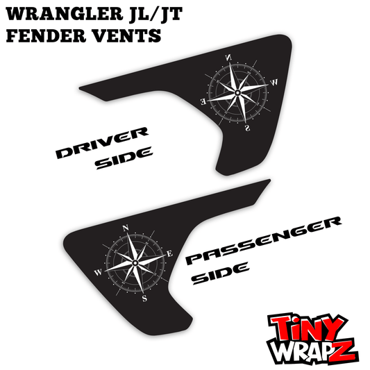 Jeep Fender Vent Decals Pair "Black & White Compass" Fits 2018-2026 Wrangler JL & Gladiator - Tiny Wrapz