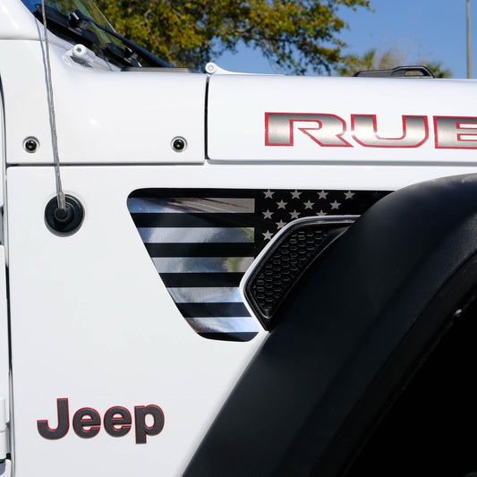 Jeep Fender Vent Decals Pair "Chrome and Black American Flag" Fits 2018 - 2026 Wrangler JL & Gladiator - Tiny Wrapz
