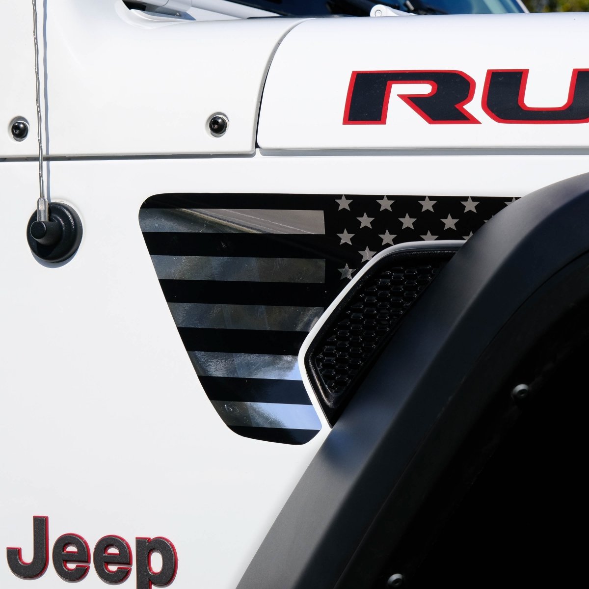 Jeep Fender Vent Decals Pair "Chrome and Black American Flag" Fits 2018 - 2026 Wrangler JL & Gladiator - Tiny Wrapz