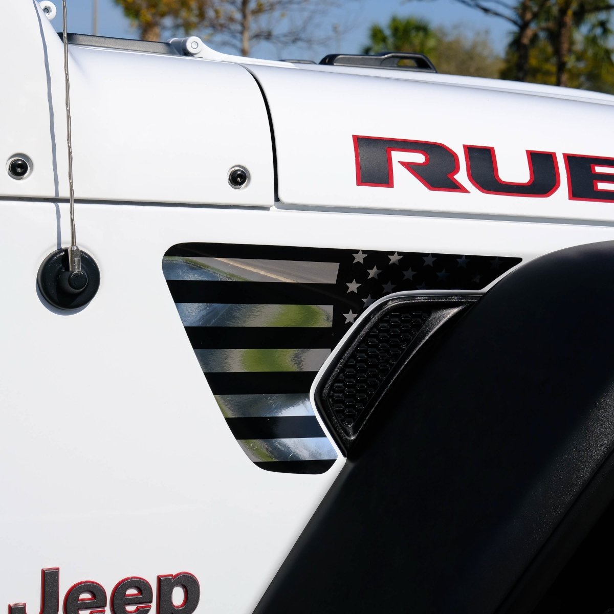 Jeep Fender Vent Decals Pair "Chrome and Black American Flag" Fits 2018 - 2026 Wrangler JL & Gladiator - Tiny Wrapz