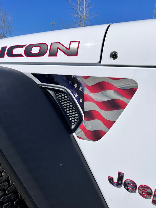 Jeep Fender Vent Decals Pair "Chrome Waving American Flag" Fits 2018-2026 Wrangler JL & Gladiator - Tiny Wrapz
