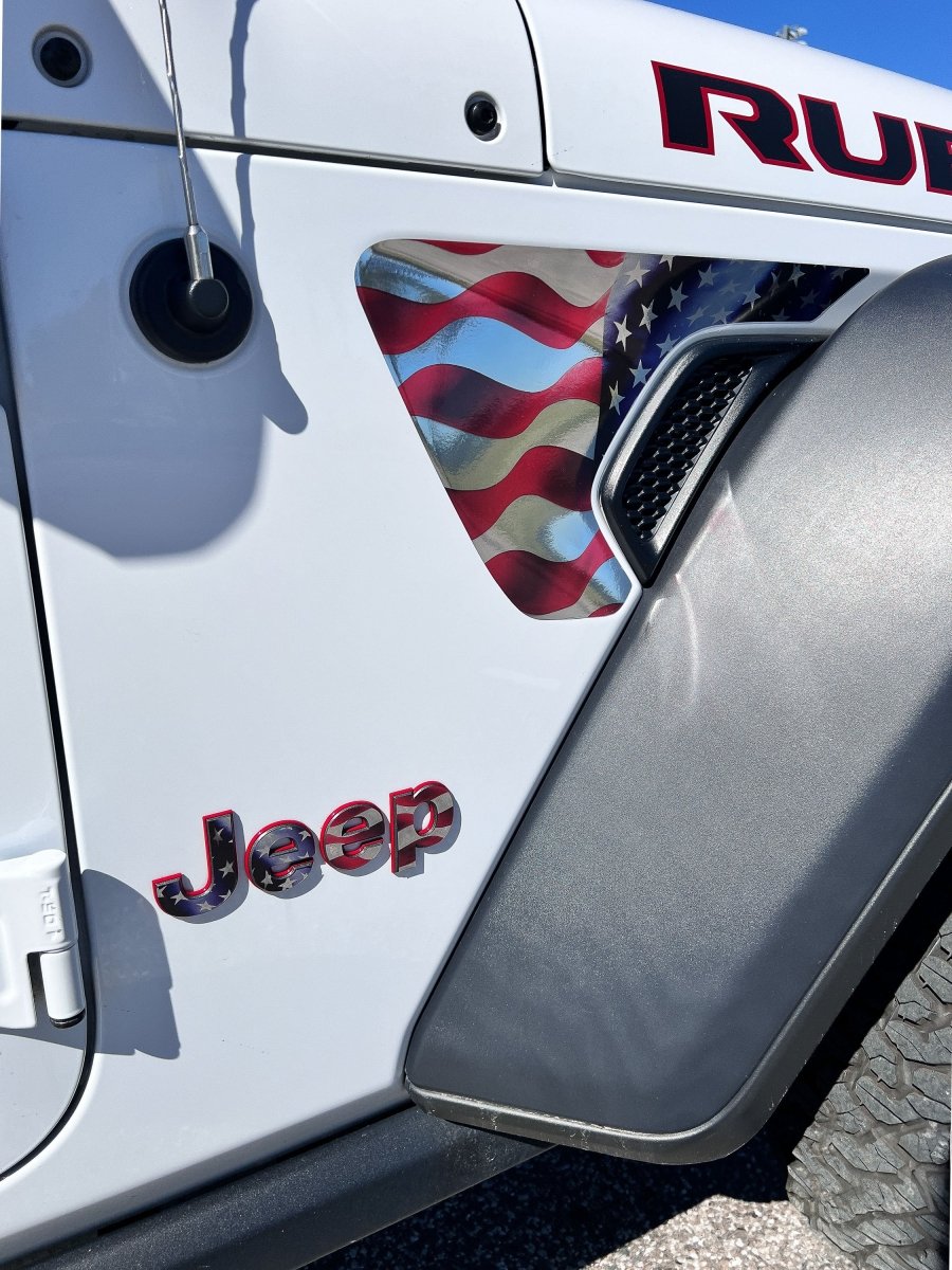 Jeep Fender Vent Decals Pair "Chrome Waving American Flag" Fits 2018 - 2026 Wrangler JL & Gladiator - Tiny Wrapz