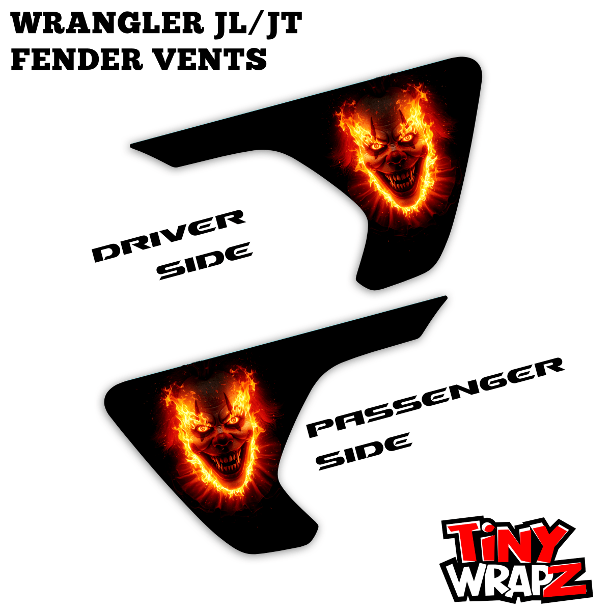 Jeep Fender Vent Decals Pair "Flaming Clown" Fits 2018-2027 Wrangler JL & Gladiator - Tiny Wrapz