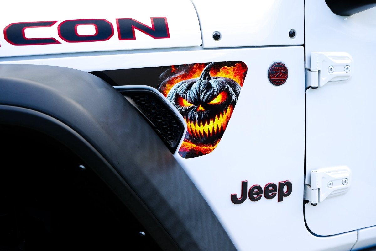 Jeep Fender Vent Decals Pair "Flaming Jack-O-Lantern" Fits 2018-2026 Wrangler JL & Gladiator - Tiny Wrapz