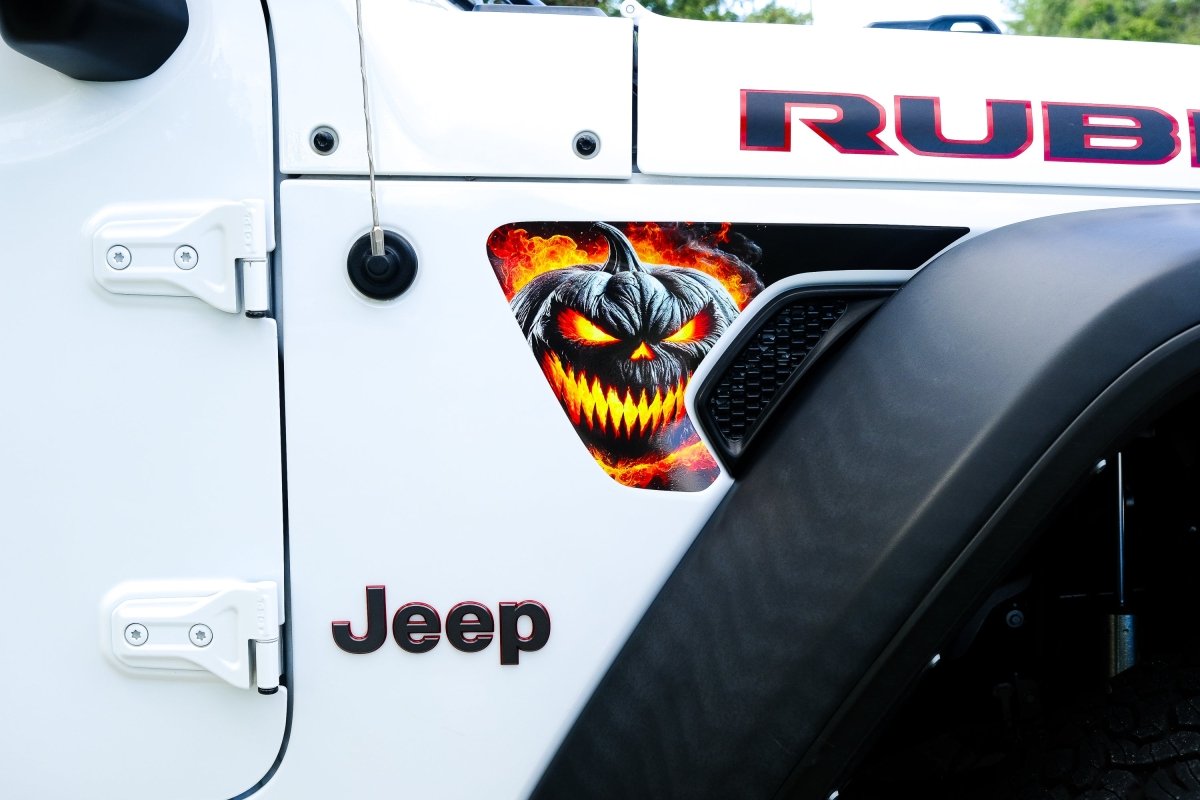 Jeep Fender Vent Decals Pair "Flaming Jack-O-Lantern" Fits 2018-2026 Wrangler JL & Gladiator - Tiny Wrapz