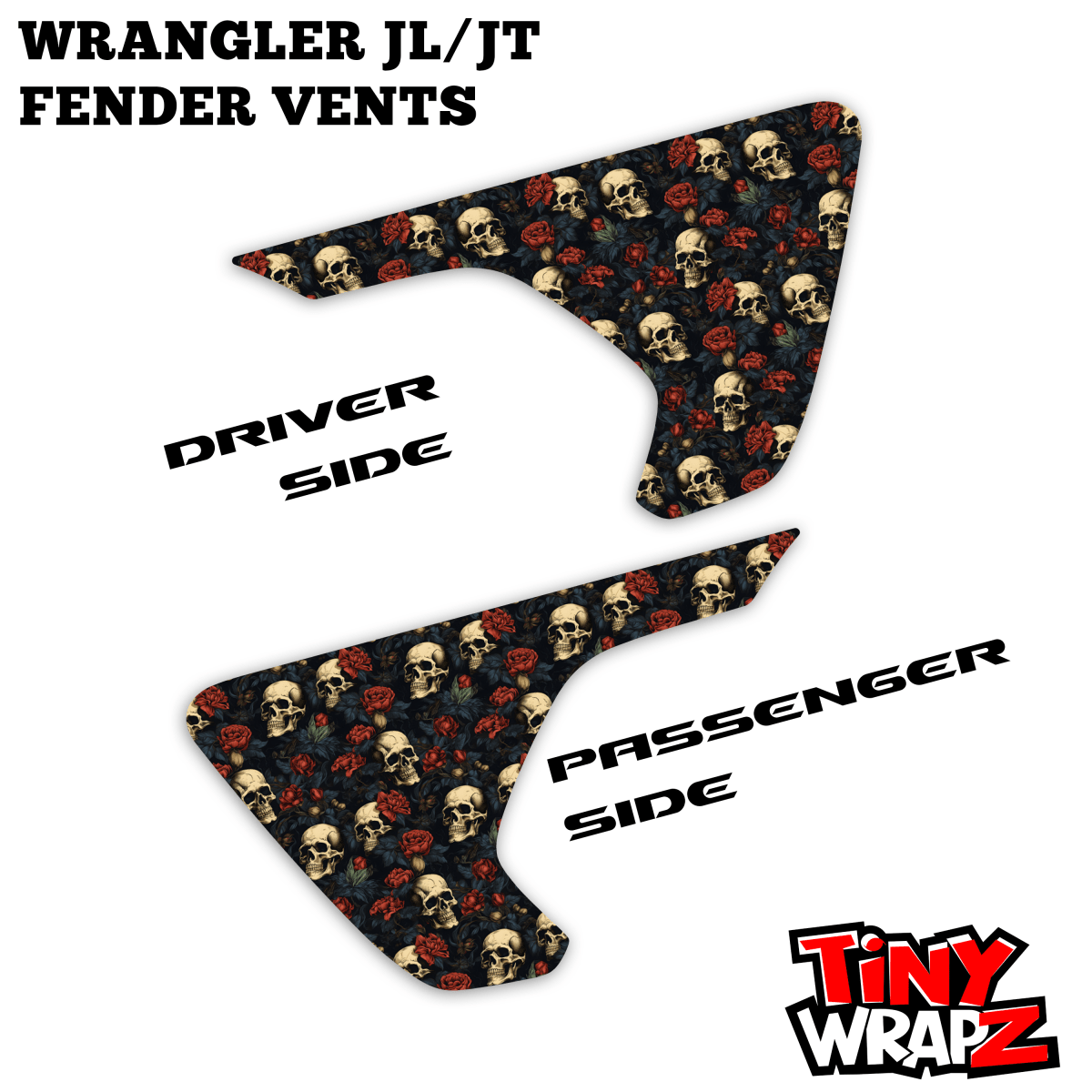 Jeep Fender Vent Decals Pair "Gothic Skulls & Roses" Fits 2018-2027 Wrangler JL & Gladiator - Tiny Wrapz