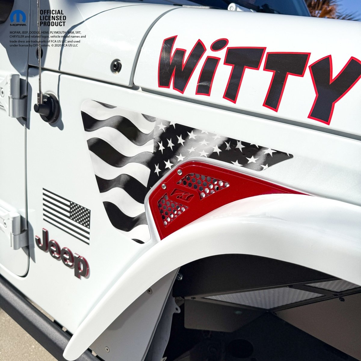 Jeep Fender Vent Decals Pair "Grayscale American Flag" Fits 2018-2026 Wrangler JL & Gladiator - Tiny Wrapz