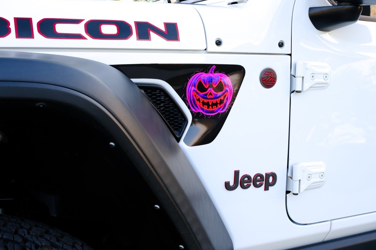 Jeep Fender Vent Decals Pair "Neon Jack-O-Lantern" Fits 2018-2026 Wrangler JL & Gladiator - Tiny Wrapz
