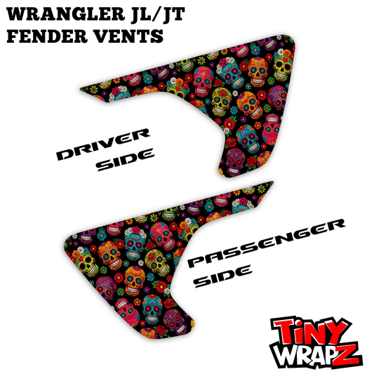 Jeep Fender Vent Decals Pair "Sugar Skulls" Fits 2018-2027 Wrangler JL & Gladiator - Tiny Wrapz