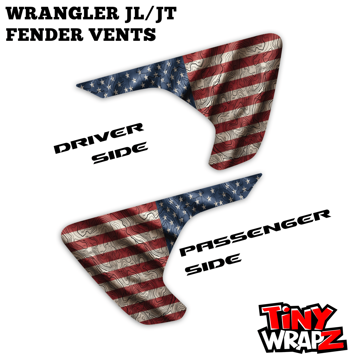 Jeep Fender Vent Decals Pair "Topographic American Flag" Fits 2018-2027 Wrangler JL & Gladiator - Tiny Wrapz
