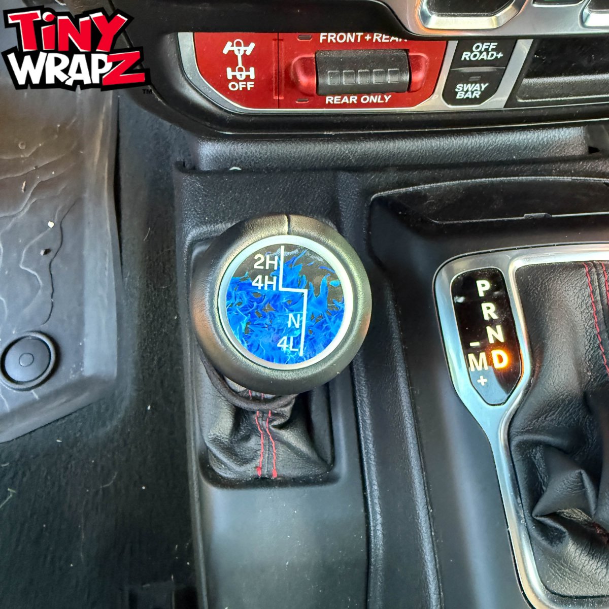 Jeep Shift Knob Premium Vinyl "Blue Flames" Sticker Fits 2018-2026 Wrangler JL & Gladiator - Tiny Wrapz