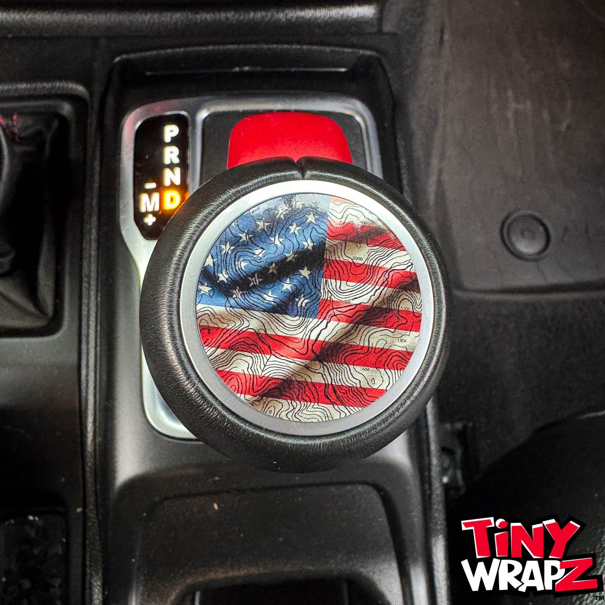 Jeep Shift Knob Premium Vinyl "Topographic American Flag" Sticker Fits 2018-2026 Wrangler JL & Gladiator - Tiny Wrapz
