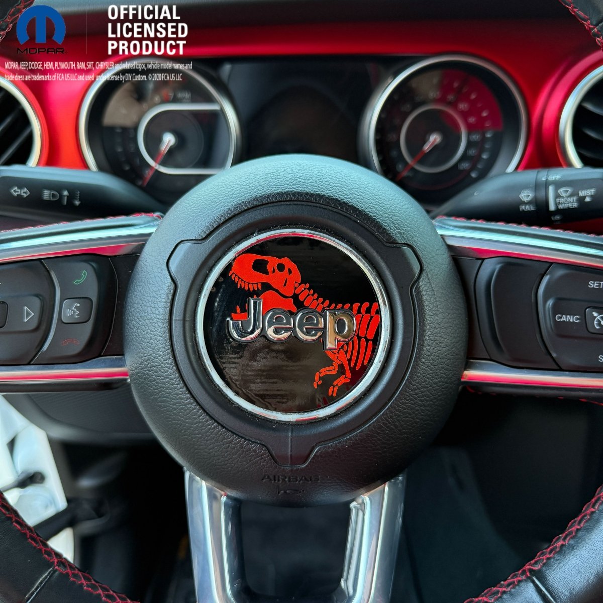 Jeep Wrangler JL Gladiator Steering Wheel Circle Red T-Rex Skeleton Vinyl Decal Sticker - Tiny Wrapz