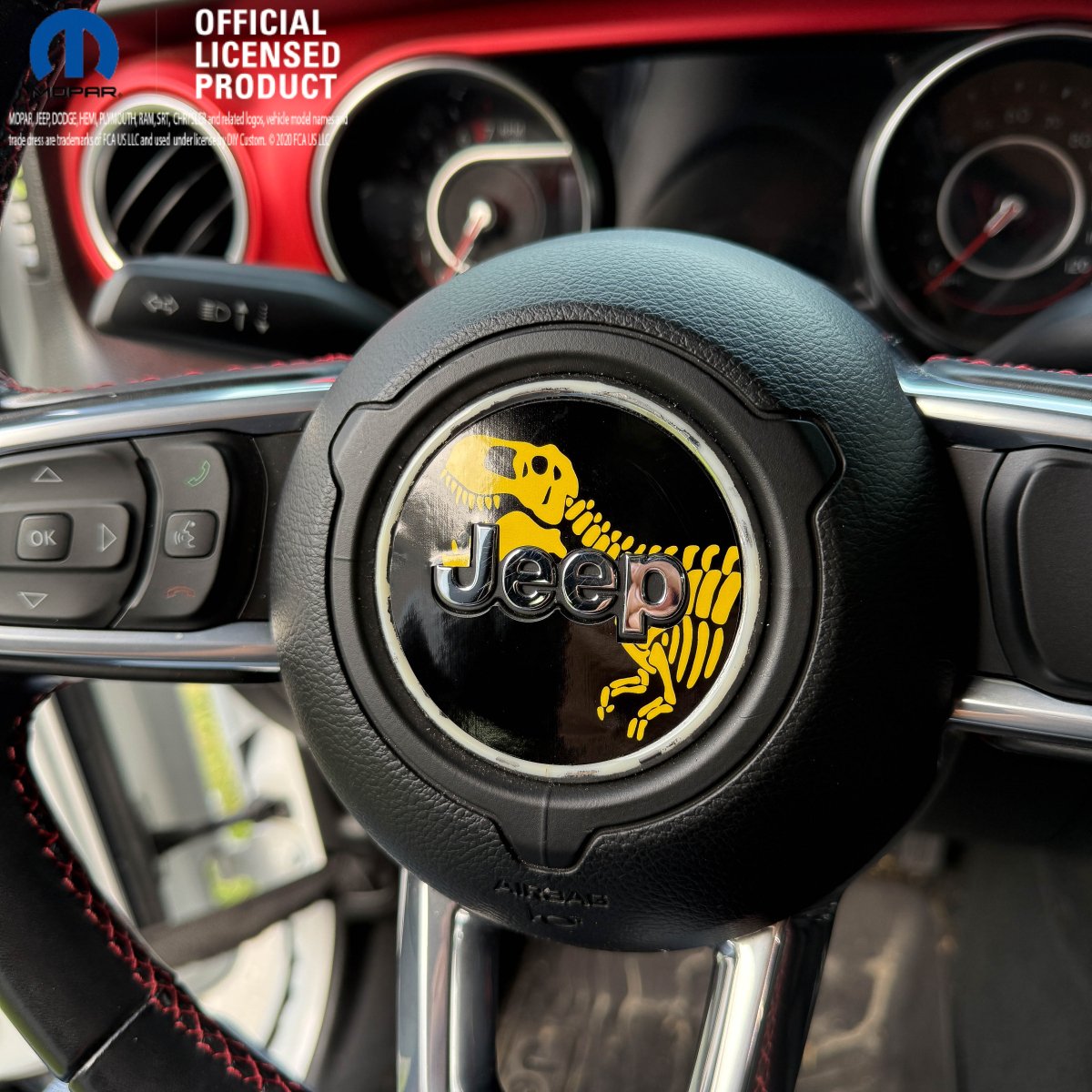 Jeep Wrangler JL Gladiator Steering Wheel Circle Yellow T-Rex Skeleton Vinyl Decal Sticker - Tiny Wrapz