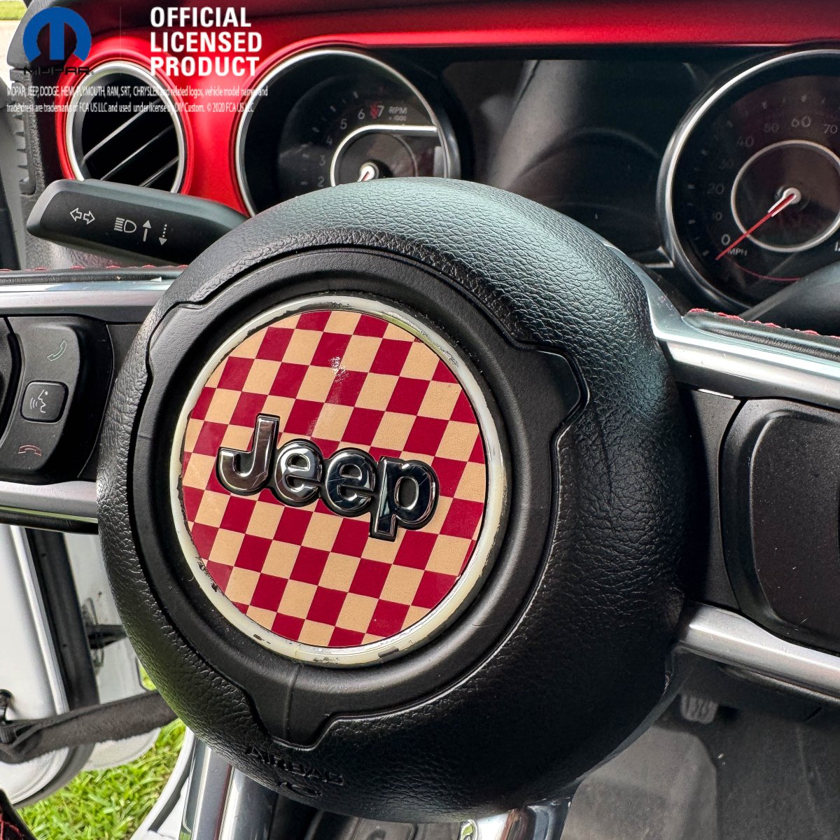 Jeep Wrangler JL Gladiator Steering Wheel Maroon and Tan Circle Checkered Flag Vinyl Decal Sticker - Tiny Wrapz