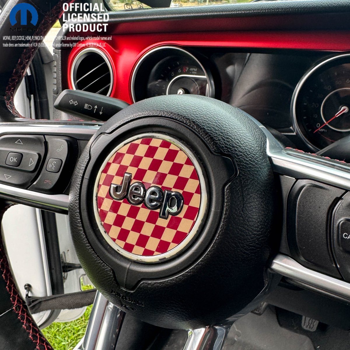 Jeep Wrangler JL Gladiator Steering Wheel Maroon and Tan Circle Checkered Flag Vinyl Decal Sticker - Tiny Wrapz