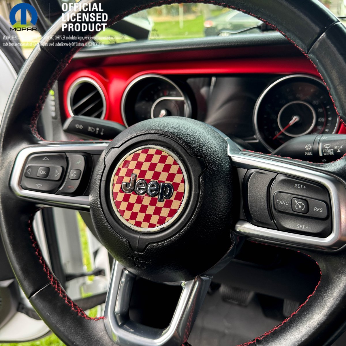 Jeep Wrangler JL Gladiator Steering Wheel Maroon and Tan Circle Checkered Flag Vinyl Decal Sticker - Tiny Wrapz