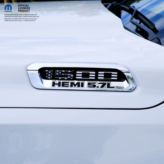 RAM 1500 Hood Emblem Overlay Decals L&R Black & White American Flag Fits 2019 - 2026 RAM Trucks - Tiny Wrapz