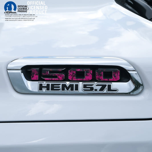 RAM 1500 Hood Emblem Overlay Decals L&R PINK FIRE FLAMES Fits 2019 - 2026 RAM Trucks - Tiny Wrapz