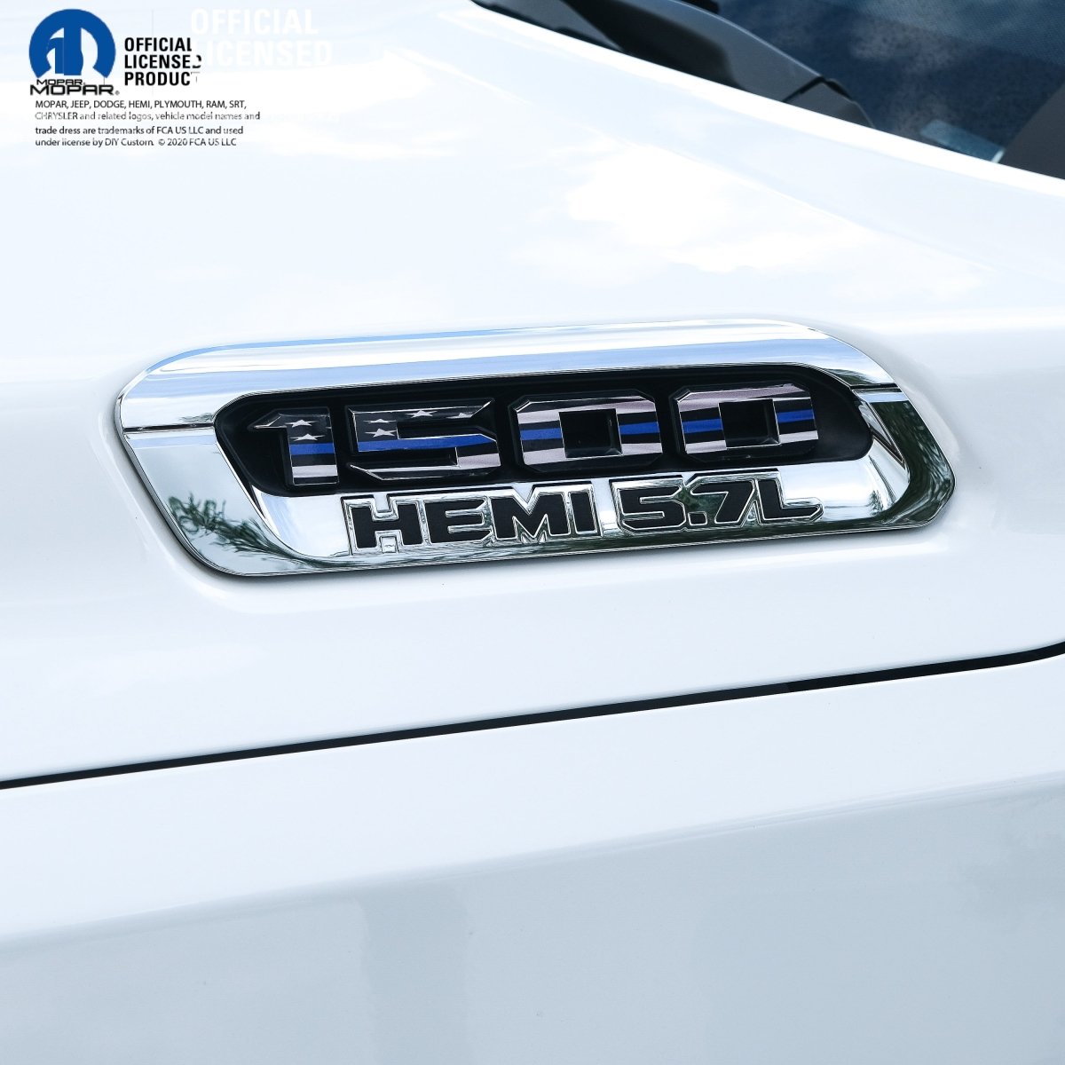 RAM 1500 Hood Emblem Overlay Decals L&R THIN BLUE LINE AMERICAN FLAG Fits 2019 - 2026 RAM Trucks - Tiny Wrapz