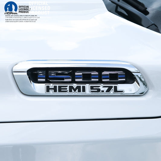 RAM 1500 Hood Emblem Overlay Decals L&R THIN BLUE LINE AMERICAN FLAG Fits 2019 - 2026 RAM Trucks - Tiny Wrapz