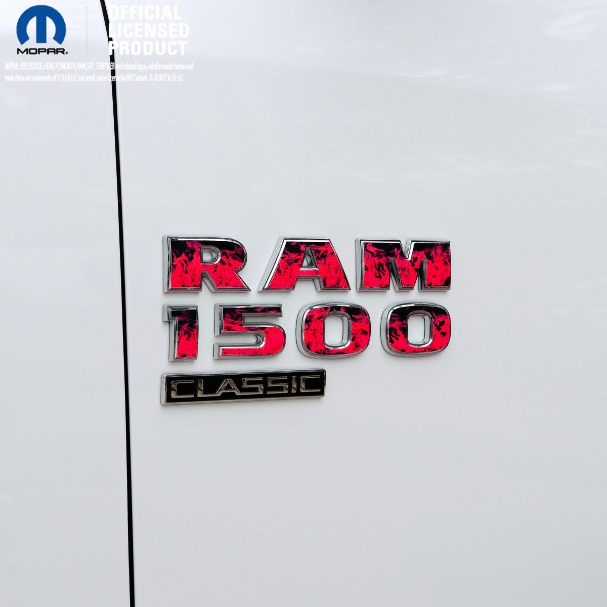 RAM Classic 1500 - 3500 Door Emblem Decals RED FLAMES Fits 2009 - 2024 - Tiny Wrapz