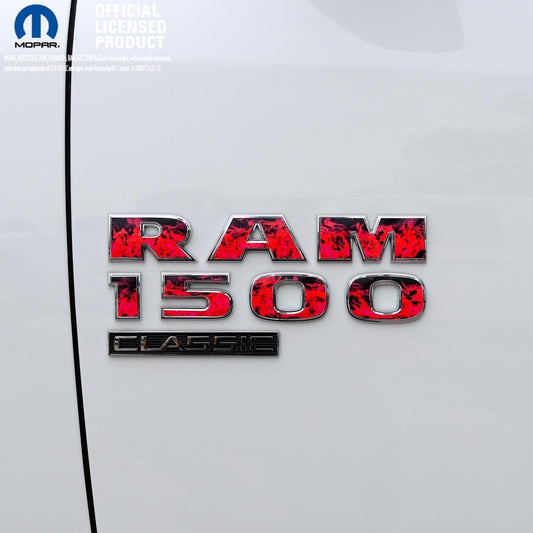 RAM Classic 1500 - 3500 Door Emblem Decals RED FLAMES Fits 2009 - 2024 - Tiny Wrapz