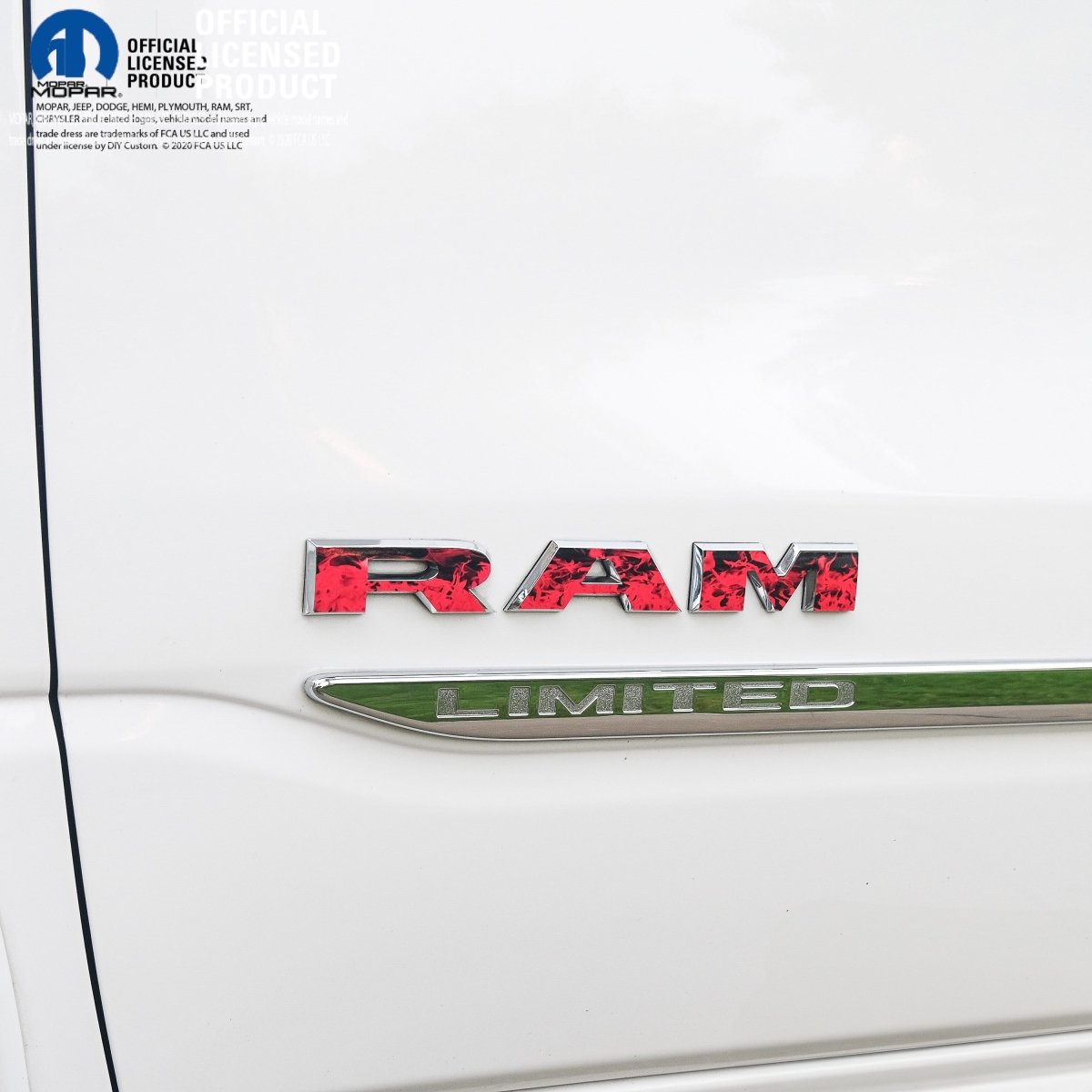 RAM Door x2 Emblem Overlay Decals L&R RED FIRE FLAMES Fits 2019 - 2026 RAM Trucks - Tiny Wrapz