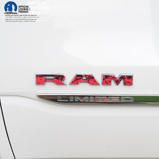 RAM Door x2 Emblem Overlay Decals L&R RED FIRE FLAMES Fits 2019 - 2026 RAM Trucks - Tiny Wrapz