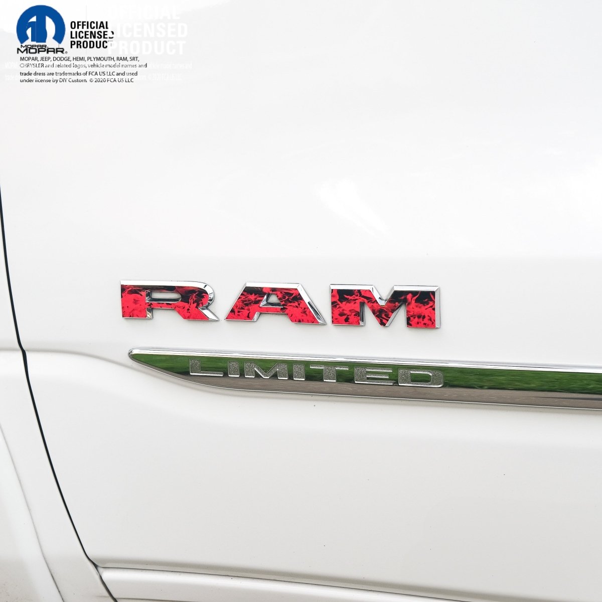 RAM Door x2 Emblem Overlay Decals L&R RED FIRE FLAMES Fits 2019 - 2026 RAM Trucks - Tiny Wrapz