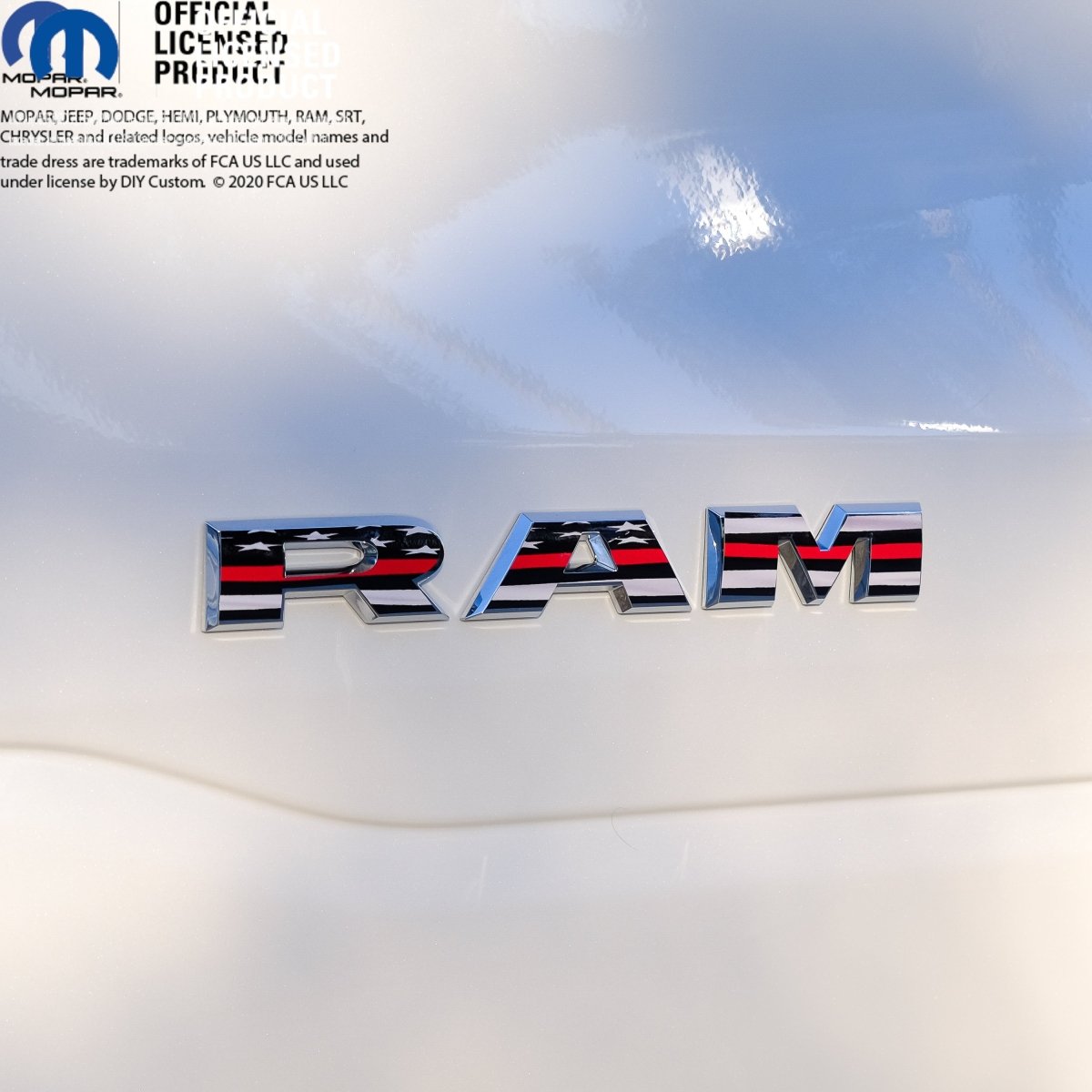 RAM Door x2 Emblem Overlay Decals L&R Thin Red Line Flag Fits 2019 - 2026 RAM Trucks - Tiny Wrapz
