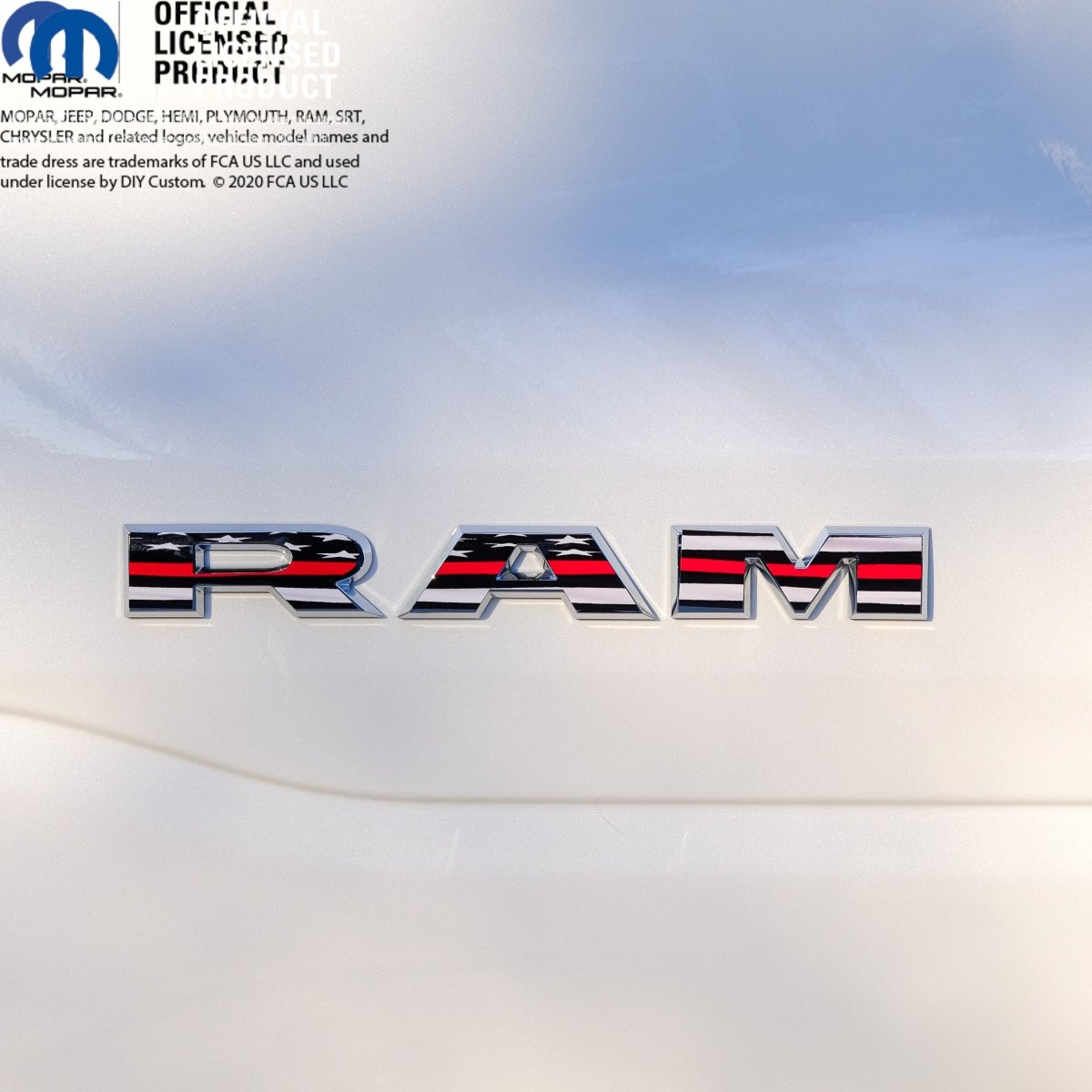 RAM Door x2 Emblem Overlay Decals L&R Thin Red Line Flag Fits 2019 - 2026 RAM Trucks - Tiny Wrapz