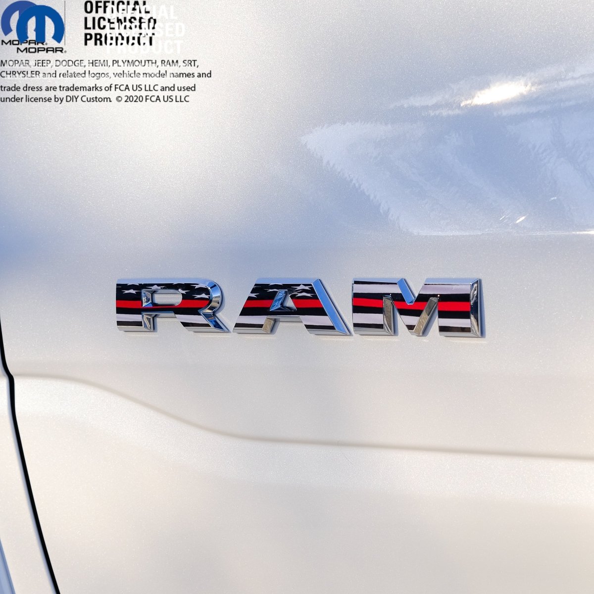 RAM Door x2 Emblem Overlay Decals L&R Thin Red Line Flag Fits 2019 - 2026 RAM Trucks - Tiny Wrapz