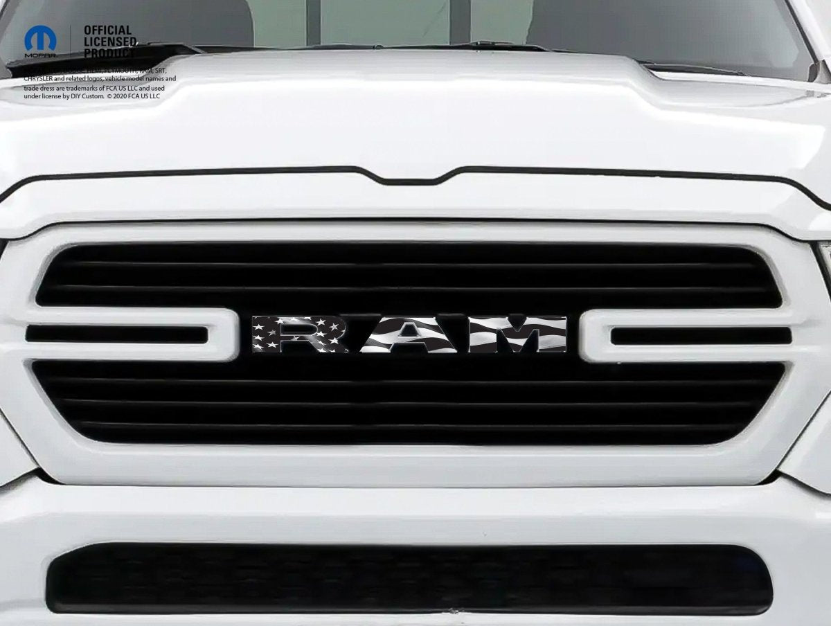 RAM Grill Emblem Overlay Decals Grayscale American Flag Fits 2009 - 2026 1500 - 5500 - Tiny Wrapz