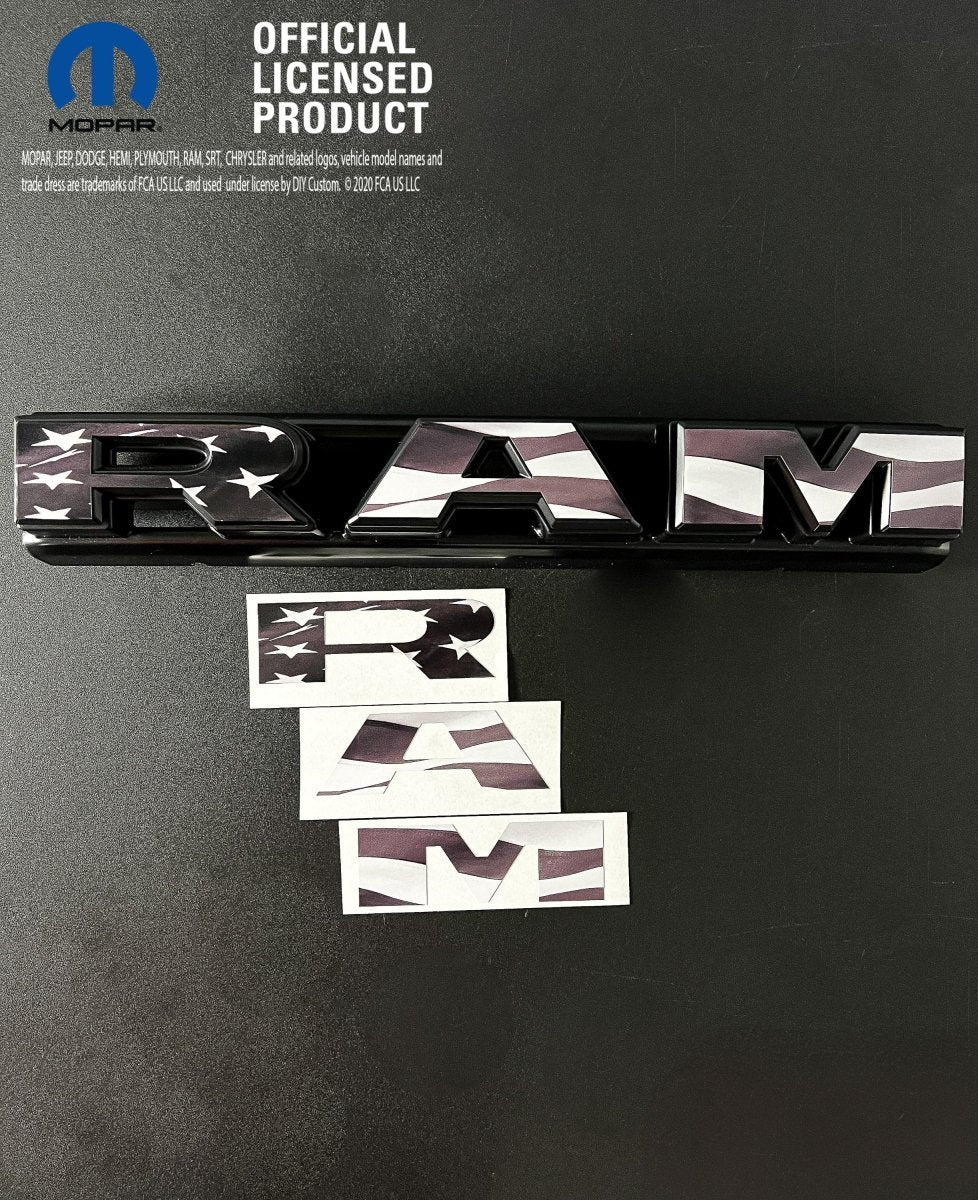 RAM Grill Emblem Overlay Decals Grayscale American Flag Fits 2009 - 2026 1500 - 5500 - Tiny Wrapz