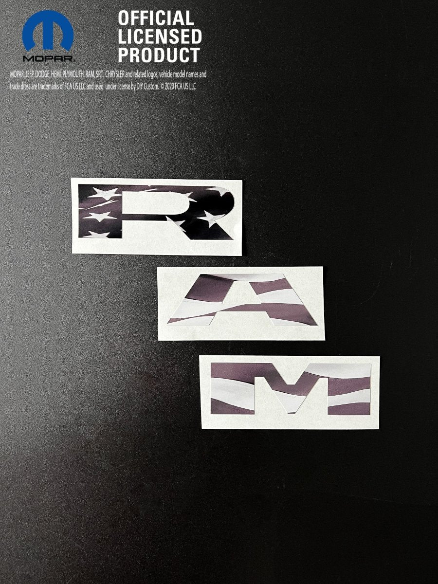 RAM Grill Emblem Overlay Decals Grayscale American Flag Fits 2009 - 2026 1500 - 5500 - Tiny Wrapz