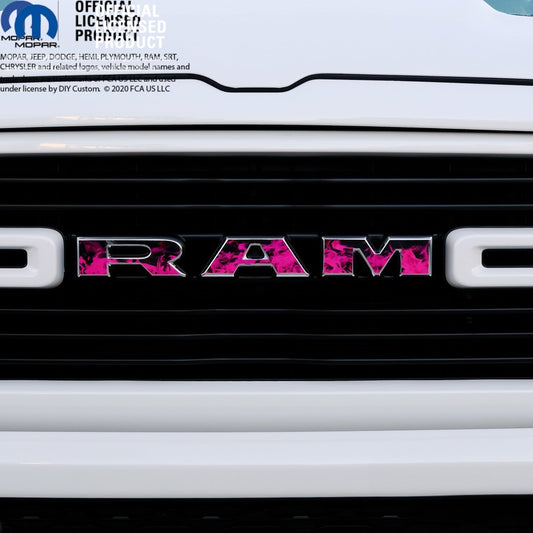 RAM Grill Emblem Overlay Decals PINK FIRE FLAMES Fits 2009 - 2026 1500 - 5500 - Tiny Wrapz