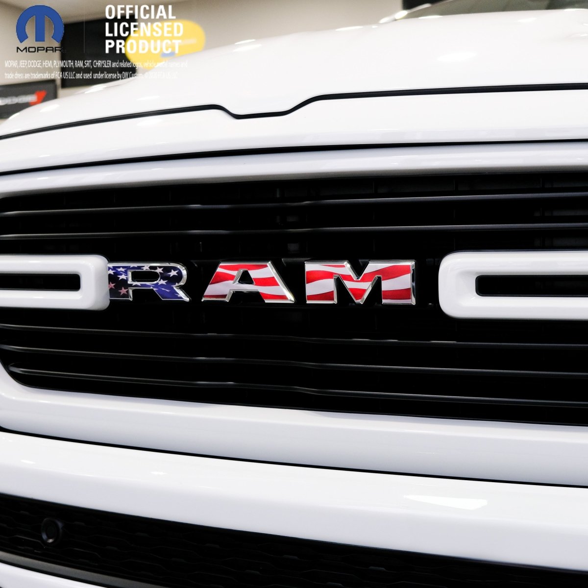 RAM Grill Emblem Overlay Decals WAVING AMERICAN FLAG Fits 2009-2026 1500-5500 - Tiny Wrapz