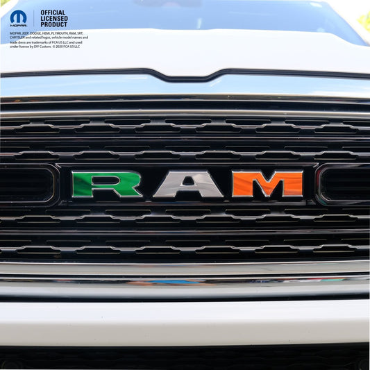 RAM Grill Emblem Overlay Decals WAVING IRELAND IRISH FLAG Fits 2009 - 2026 1500 - 5500 - Tiny Wrapz