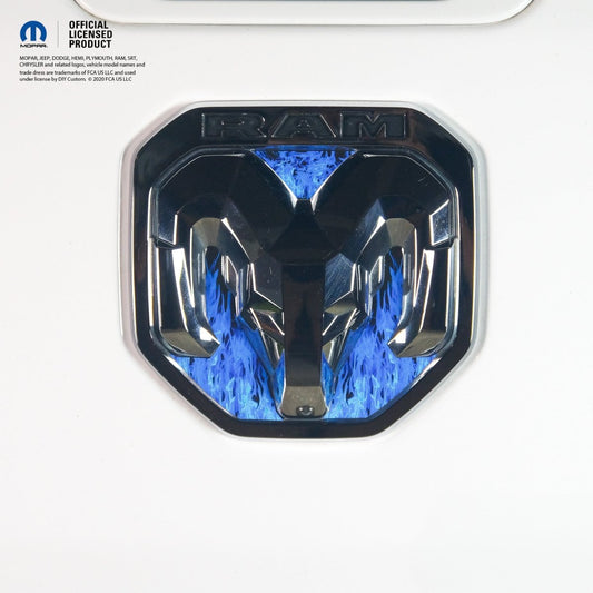 RAM Tailgate/Grill RAM Head Emblem Overlay Decals BLUE FLAMES Fits 2011 - 2024 Trucks - Tiny Wrapz