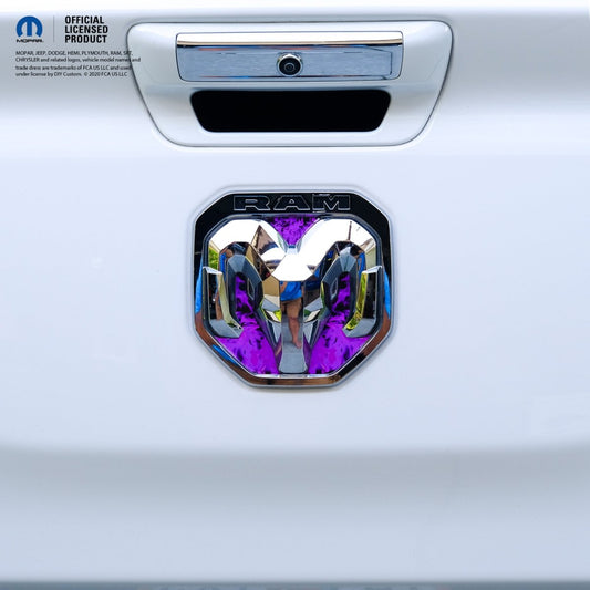 RAM Tailgate/Grill RAM Head Emblem Overlay Decals PURPLE FLAMES Fits 2011 - 2024 Trucks - Tiny Wrapz