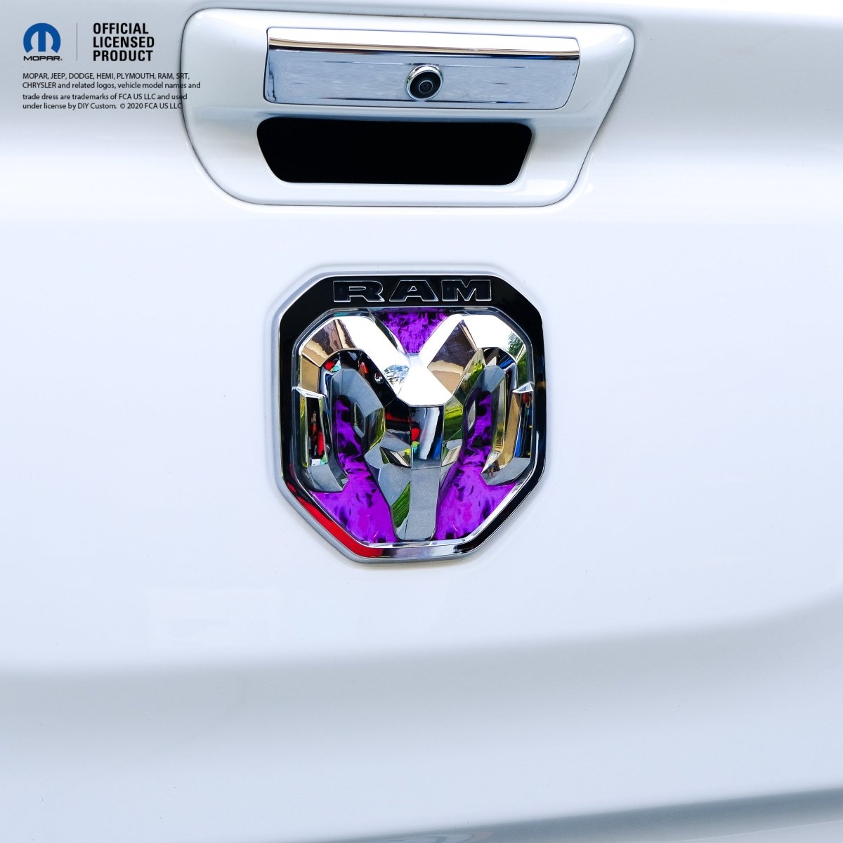RAM Tailgate/Grill RAM Head Emblem Overlay Decals PURPLE FLAMES Fits 2011 - 2024 Trucks - Tiny Wrapz