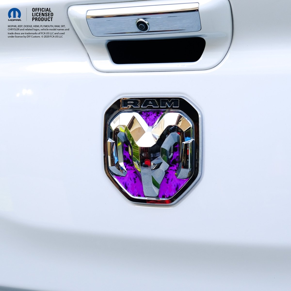 RAM Tailgate/Grill RAM Head Emblem Overlay Decals PURPLE FLAMES Fits 2011 - 2024 Trucks - Tiny Wrapz